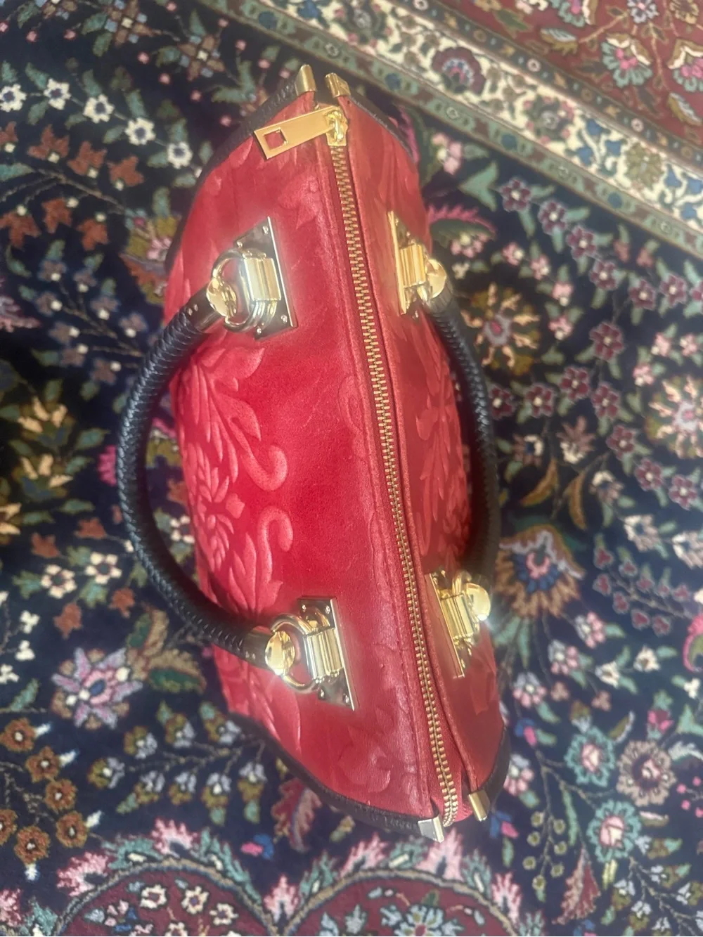 Red Embossed Floral Top-Handle Bag
